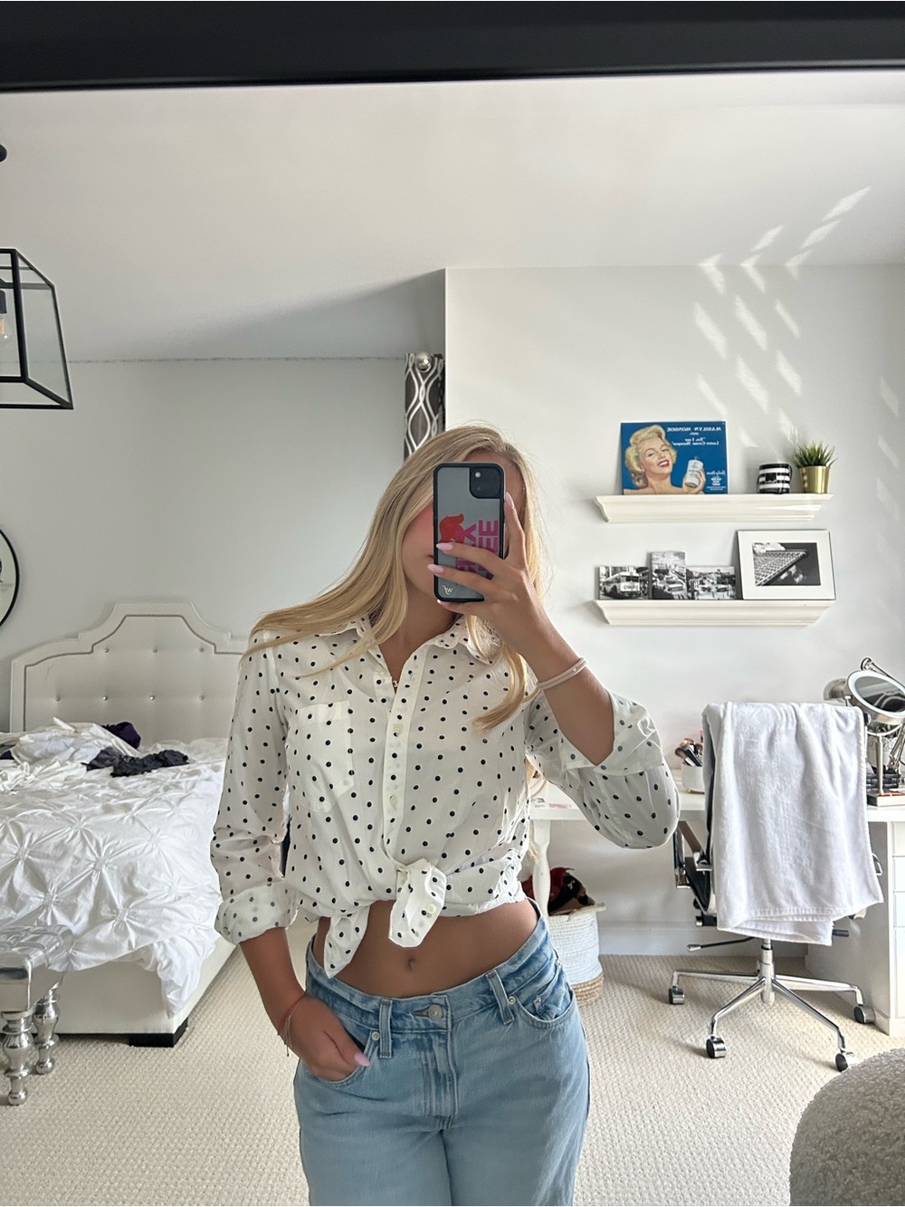 GAP White Button-Down Shirt with Black Polka Dots
